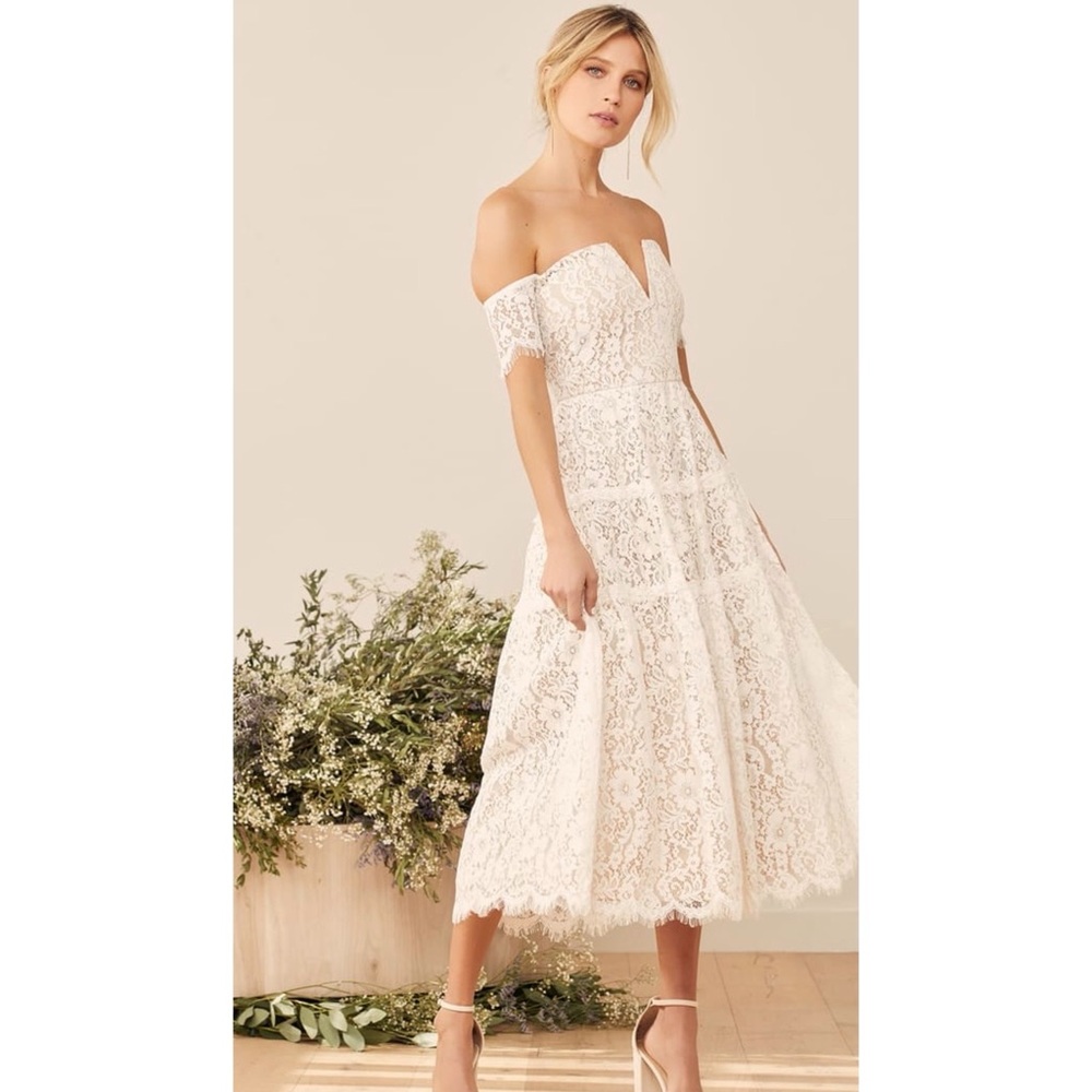 Off The Shoulder White Lace Midi Dress- Lulus- NWT- Size M